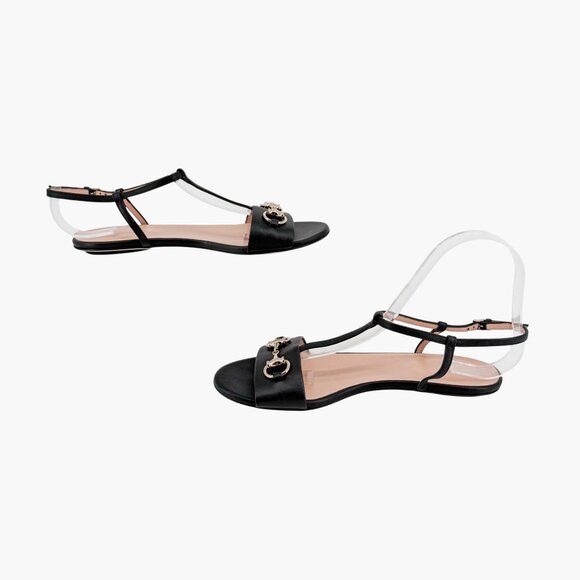 Gucci T-Strap Black Leather Horsebit Flat Sandals Shoes Size 37 US 7 Women's - Picture 9 of 13